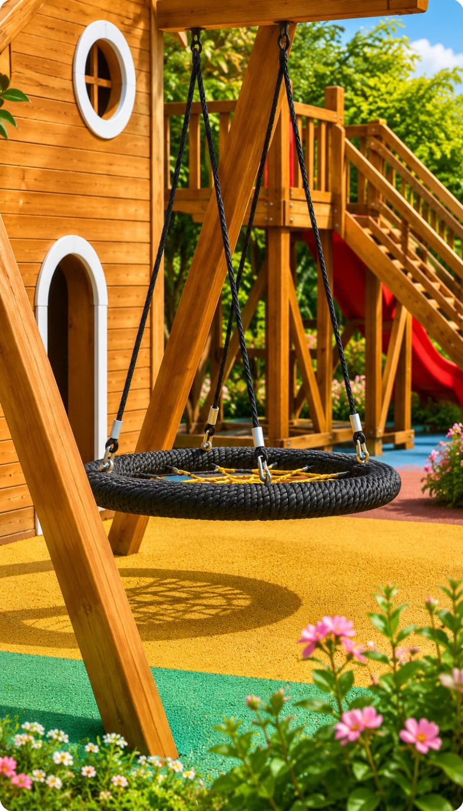 Indoor playground with wooden swing
